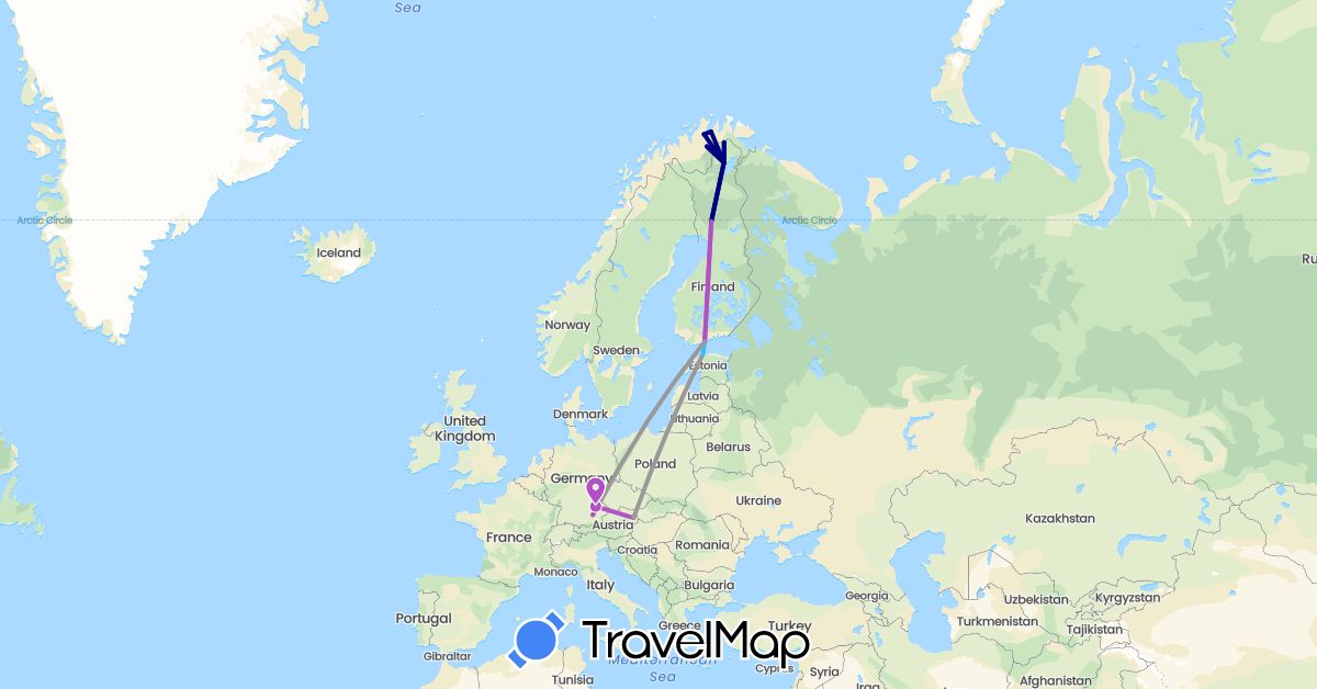 TravelMap itinerary: driving, plane, train, boat in Austria, Germany, Estonia, Finland, Norway (Europe)